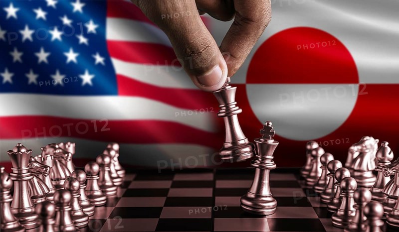 Political tension between USA and Greenland. Greenland vs USA flag on chessboard. Greenland territory conflict