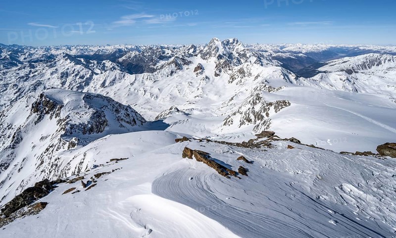 View from the summit of Monte Cevedale, mountain panorama with summit Königsspitze and Ortler, snow-covered mountain landscape in winter, Ortler Alps, Vinschgau Valley, Italy, Europe