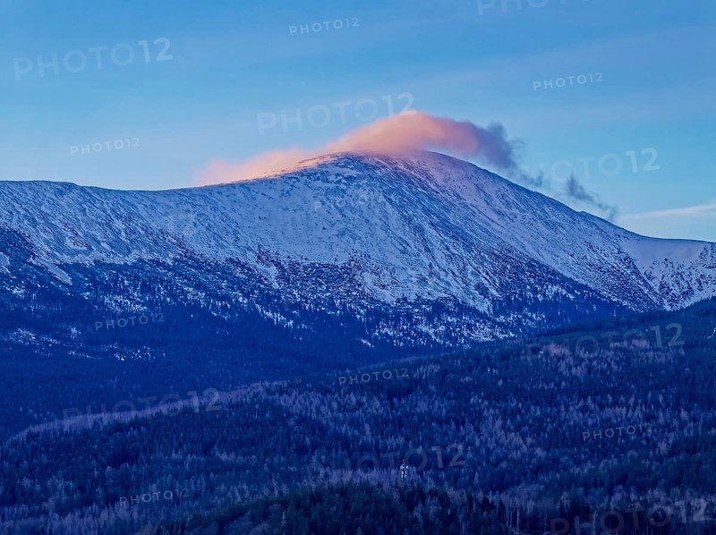 The Giant Mountains with the Schneekoppe in the early morning in winter. Aerial photo. Karpacz, Jelenia Gora, Lower Silesia, Poland, Karpacz, Poland, Europe
