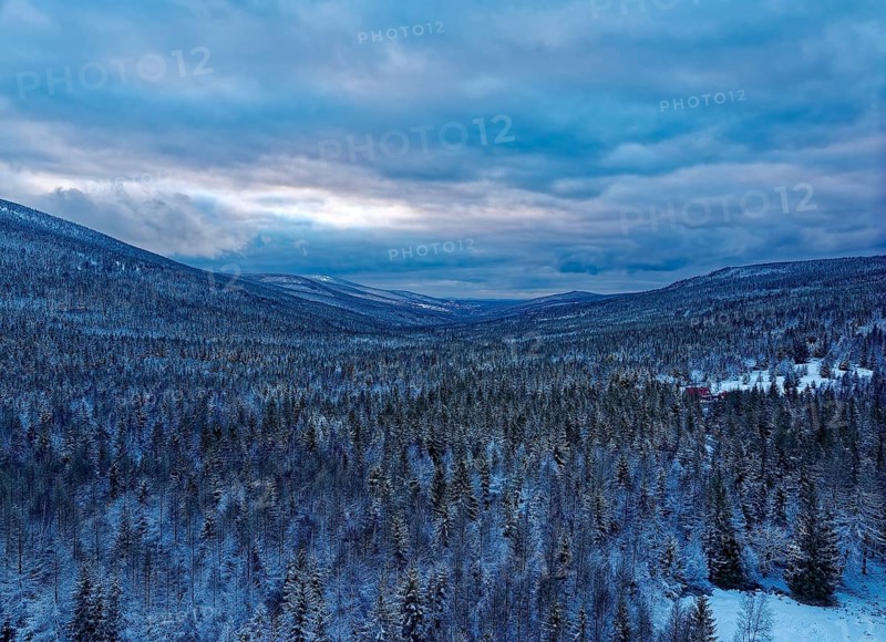 Huge wooded areas, mixed forest covered in snow, characterise the landscape between Szklarska Poreba and Bad Flinsberg in the foothills of the Giant Mountains. Aerial view. Mirsk municipality, Jelenia Gora, Lower Silesia, Poland, Poland, Europe