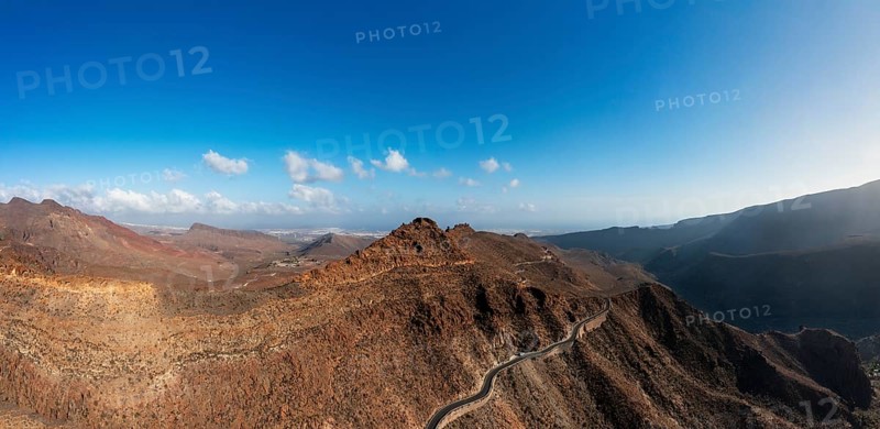 Mountain road at the Degollade de las Yeguas viewpoint with a view of the Barranco de Fataga, Gran Canaria, Canary Islands, Spain, Europe
