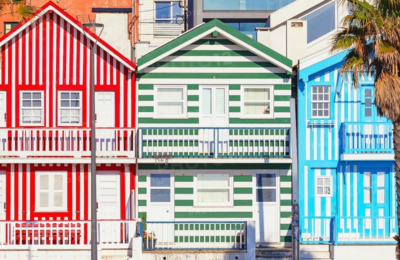 Traditional wooden striped houses, Costa Nova do Prado, Aveiro, Portugal, Europe