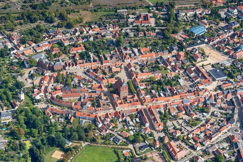 Aerial view of the Hanseatic town of Osterburg, Saxony-Anhalt, Germany, Europe