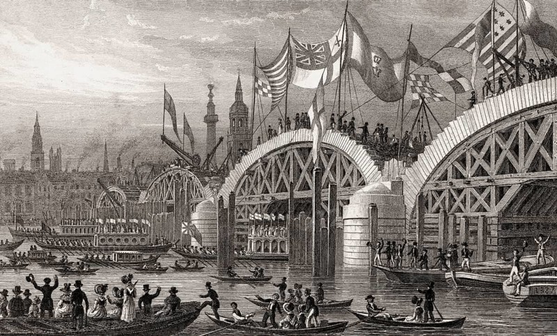 New London Bridge, with the Lord Mayor's Procession 1827, London, illustration by Th. H. Shepherd