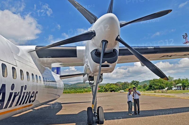 Propeller aircraft, Jet-Prop Fokker 50, former Riau Airlines, at the airport in Labuan Bajo, Flores Island, Indonesia, Asia