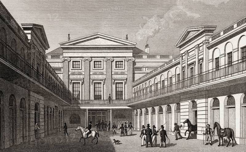 London Horse and Carriage Repository, Gray's Inn Road, London, UK, illustration by Th. H. Shepherd, 1826