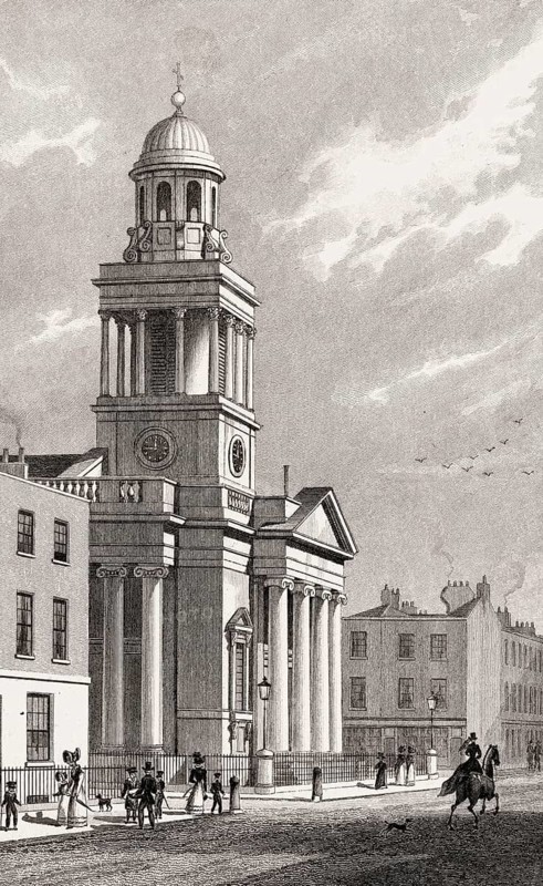Chapel of Ease, Mary-le-Bone, Stafford Street New Road, illustration by Th. H. Shepherd, 1828