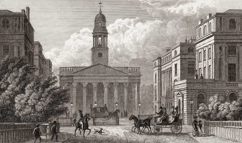 York Gate with St Marylebone Parish Church, Regent's Park, London, UK, illustration by Th. H. Shepherd, 1826