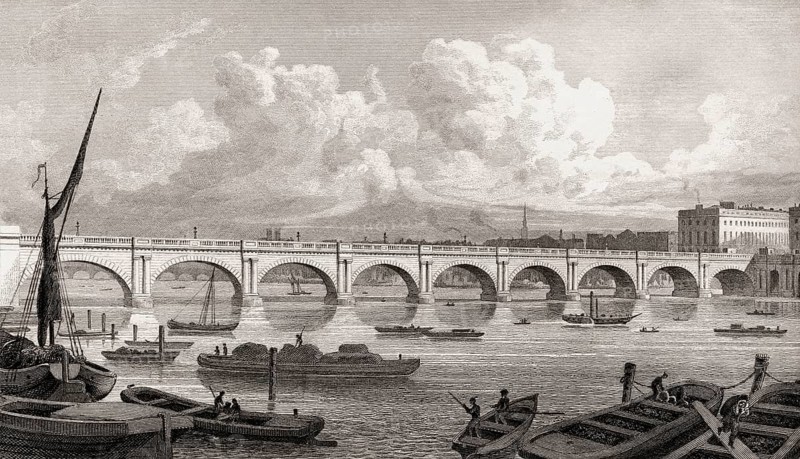 Waterloo Bridge, London, UK, illustration by Th. H. Shepherd, 1826