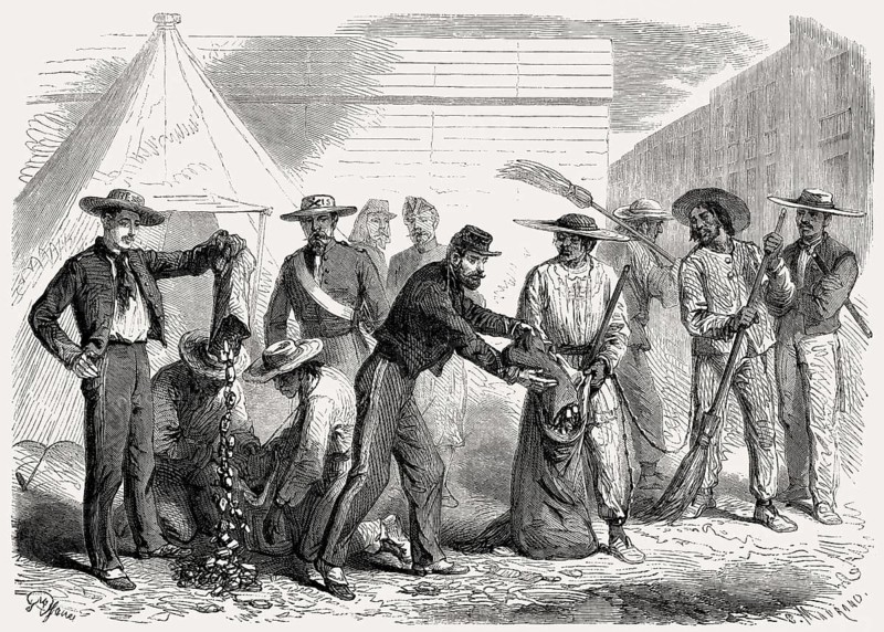 French soldiers distributing their remaining biscuit, Second Franco-Mexican War, 1863