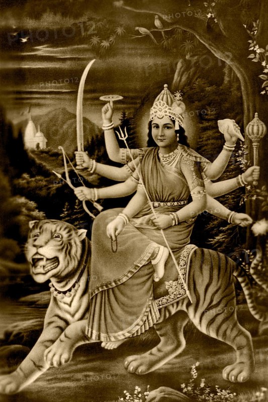 Heritage, old picture postcard, 1935 mythology Ambamata on tiger, Bombay Mumbai, Maharashtra, India, Asia