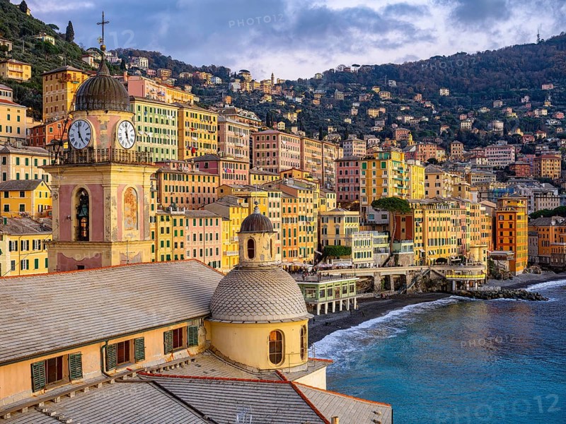 Close-up of the bell tower of Camogli