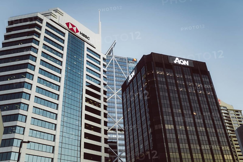 Modern skyscrapers with the HSBC, PWC and AON logos under a clear sky, Auckland, New Zealand, Oceania