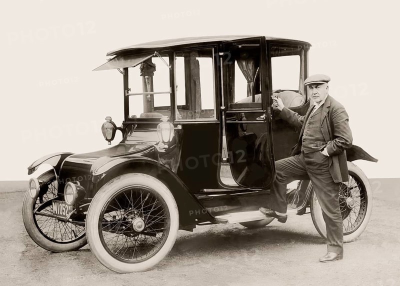 Thomas Alva Edison, 1847, 1931, American inventor, with Detroit Electric automobile, 1913, digitally edited