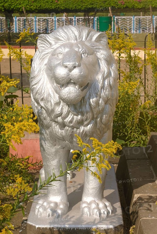 Statue of lion painted in silver color at memorial of armed freedom fighters from year 1857-1947 at Saras Baug, Pune