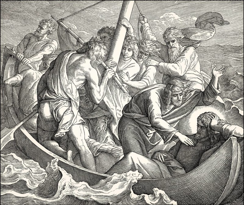 Jesus sleeps in boat during the storm, New Testament, by Julius Schnorr von Carolsfeld, 1860