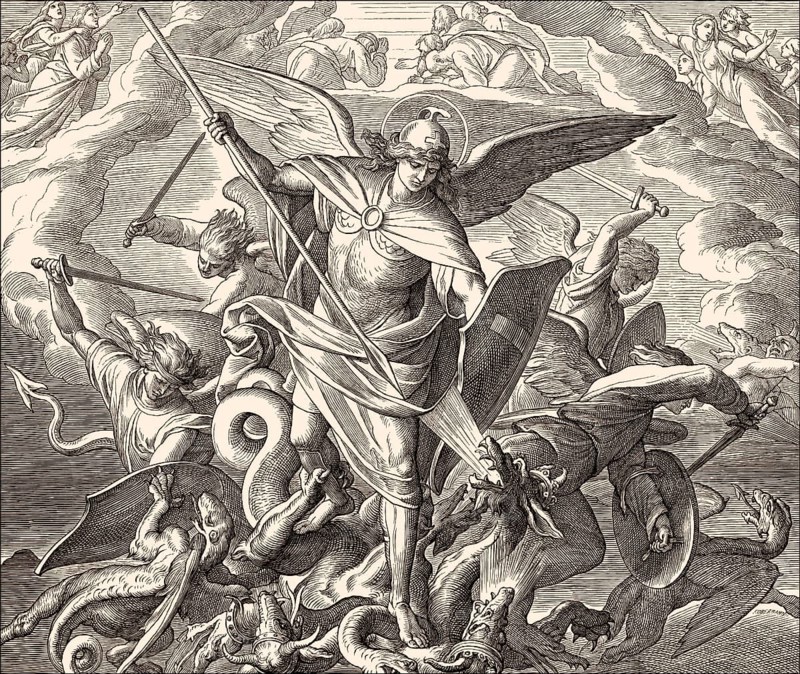 Saint Michael Fighting the Dragon, Book of Revelation, New Testament, by Julius Schnorr von Carolsfeld, 1860