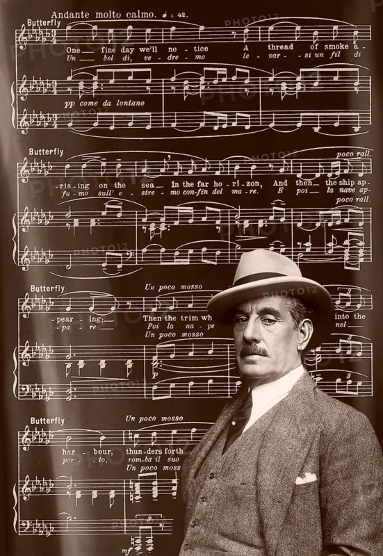Giacomo Puccini, 1858 –1924, Italian composer, digitally edited according to a photograph by Wilhelm Willinger, notes from the opera Madame Butterfly
