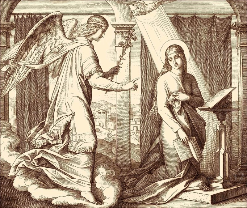 The Angel Gabriel brings the message to Mary about Jesus' birth, by Julius Schnorr von Carolsfeld