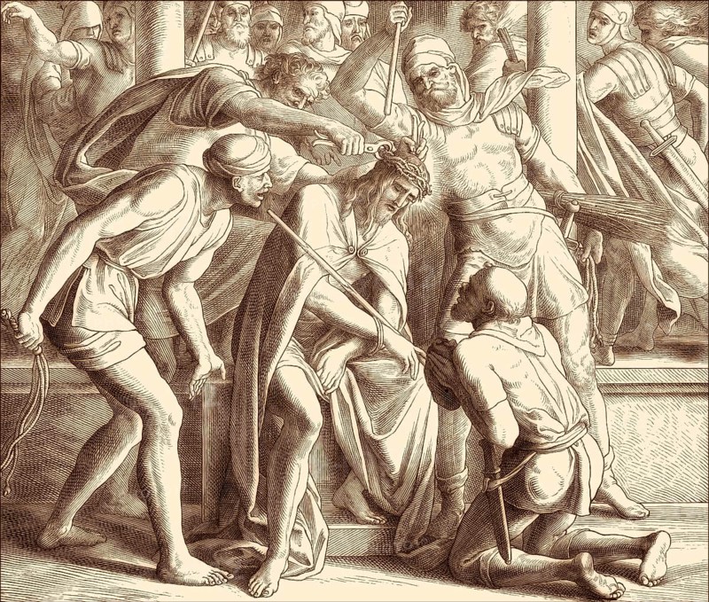 The mocking of Jesus, New Testament, by Julius Schnorr von Carolsfeld, 1860
