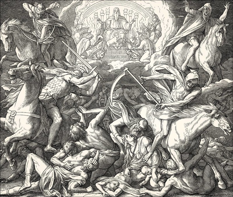 The Four Horsemen of the Apocalypse, Book of Revelation, New Testament, by Julius Schnorr von Carolsfeld, 1860