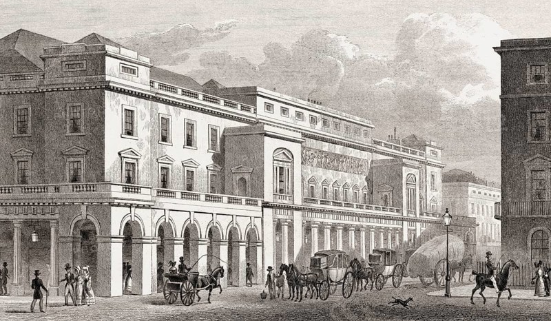 The Italian Opera, Haymarket, London, UK, illustration by Th. H. Shepherd, 1828