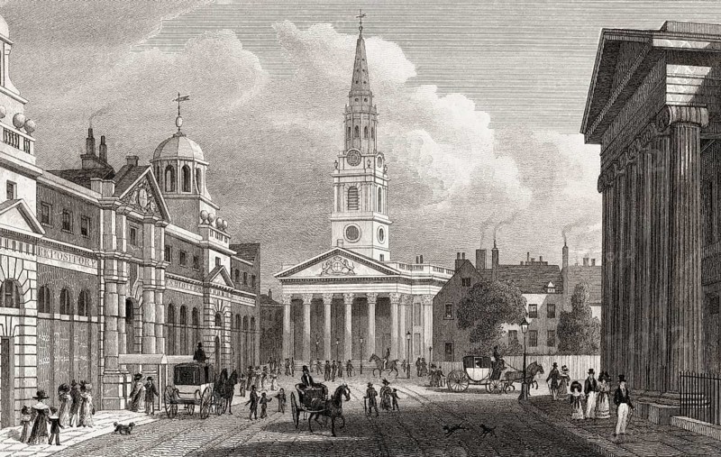 St Martin-in-the-Fields, London, UK, illustration by Th. H. Shepherd, 1826