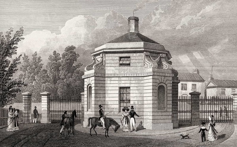 West Gate, Regent's Park, London, UK, illustration by Th. H. Shepherd, 1826
