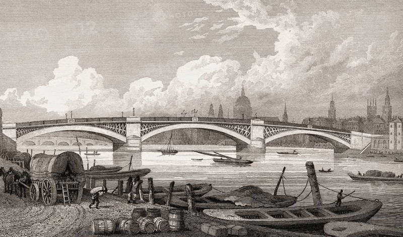 Southwark Bridge, London, UK, illustration by Th. H. Shepherd, 1826