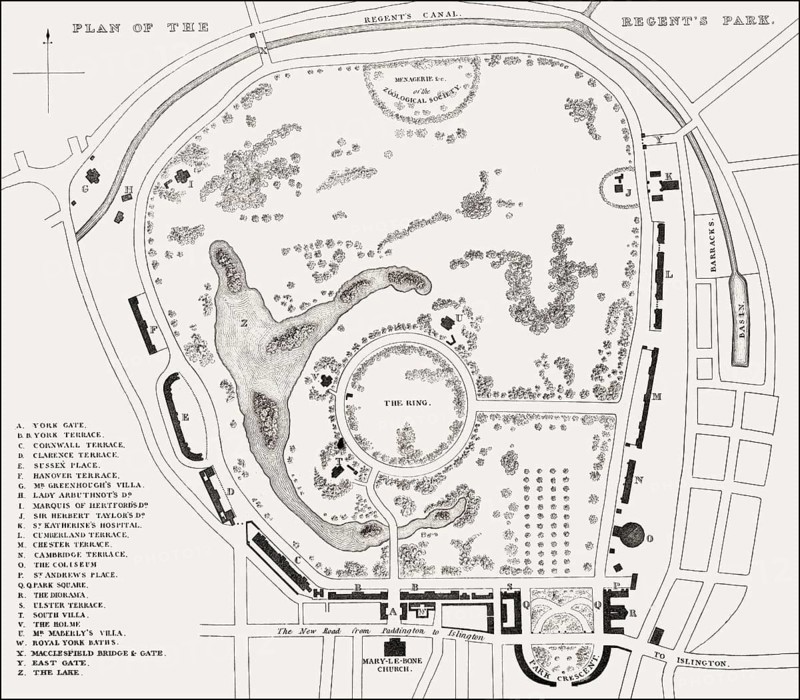 Plan of the Regent's Park, London, UK, illustration by Th. H. Shepherd, 1826