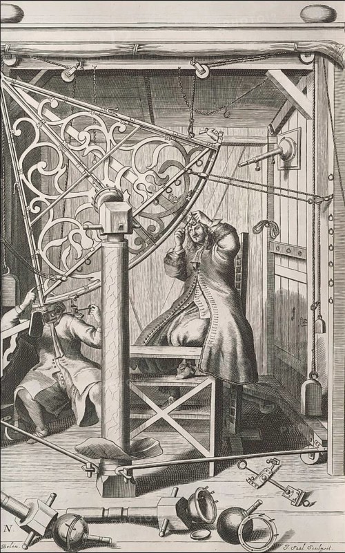 Observing the sky with a brass sextant, Machinae coelestis, 1673, Johannes Hevelius, Danzig