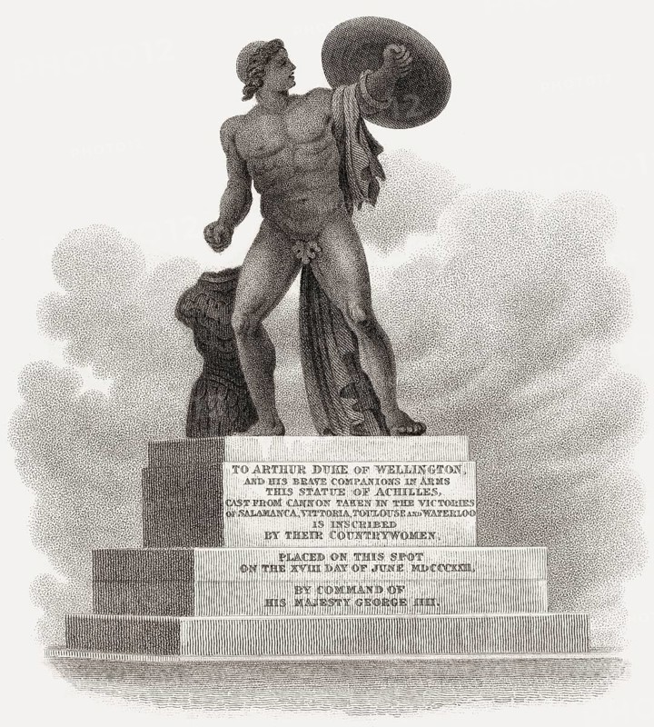 Statue of Achilles, Hyde Park Corner, London, UK, illustration by Th. H. Shepherd, 1826
