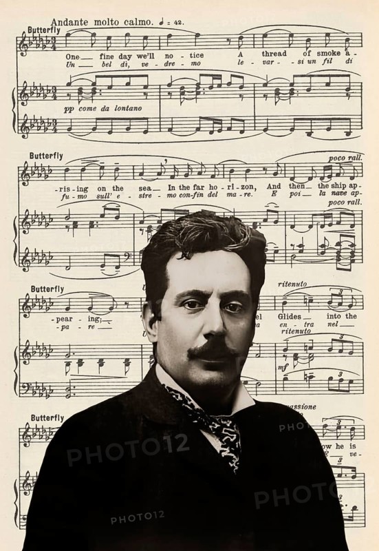 Giacomo Puccini, 1858 –1924, Italian composer, digitally edited according to a photograph, notes from the opera Madame Butterfly