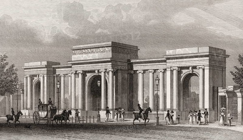 Grand entrance to Hyde Park, London, UK, illustration by Th. H. Shepherd, 1826