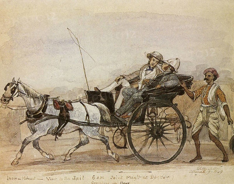 British men in horse cart visit to jail, India, 1995, Asia