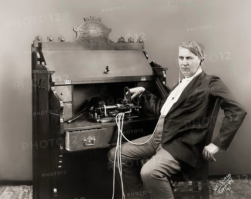 Thomas Alva Edison with his cylinder phonograph, digitally edited