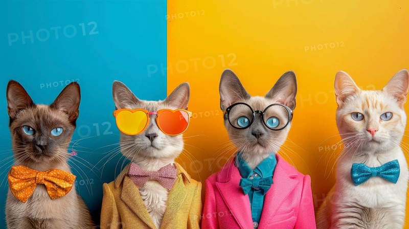 Four cats in colorful outfits, each with glasses and a bow tie, AI generated