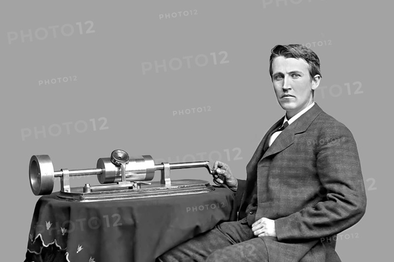Thomas Alva Edison, 1847, 1931, American inventor, Thomas Edison demonstrating the Tin-Foil Phonograph, digitally edited according to a photography by Mathew Brady, 1878
