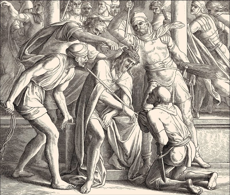 The mocking of Jesus, New Testament, by Julius Schnorr von Carolsfeld, 1860