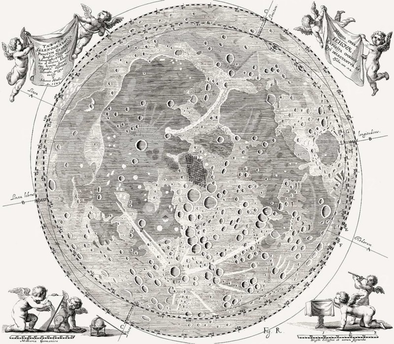 Johannis Hevelii Epistolae IV, map of the moon by Johannes Hevelius, 1654
