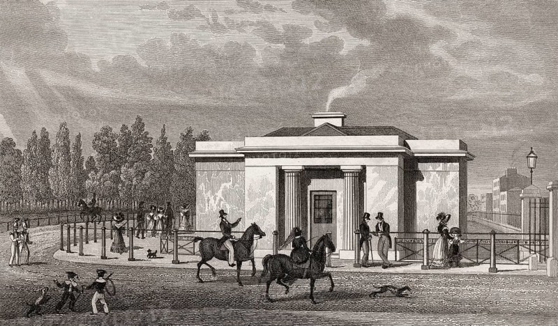View of a lodge in Hyde Park, London, UK, illustration by Th. H. Shepherd, 1826