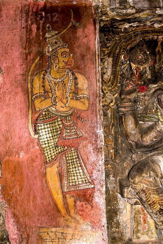 Mural painting fresco of Hanuman in the Ananthapadmanabha Swamy rock- cut cave temple at Malayadipatti, Tamil Nadu, South India, India, Asia