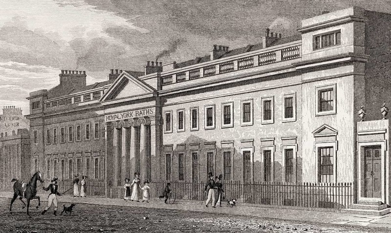 The Royal York Baths, Regent's Park, London, UK, illustration by Th. H. Shepherd, 1826