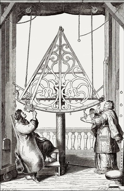Observing the sky with a brass sextant, Johannes Hevelius and his wife, Danzig, 1673