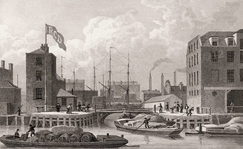Entrance to the Regent's Canal, Limehouse, London, illustration by Th. H. Shepherd, 1828