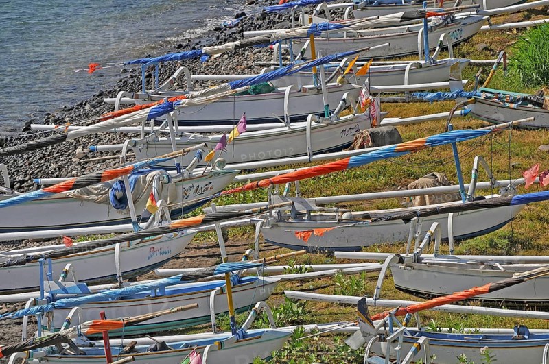 East coast with outrigger boats near Amed, Bali, Indonesia, Asia