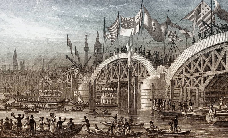 New London Bridge, with the Lord Mayor's Procession 1827, London, illustration by Th. H. Shepherd