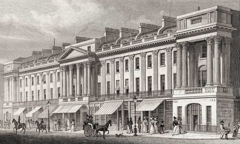 Regent Street, East, London, UK, illustration by Th. H. Shepherd, 1826