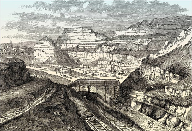 Construction site of the Parc des Buttes Chaumont, a public park in Paris, France, 19th century, Europe