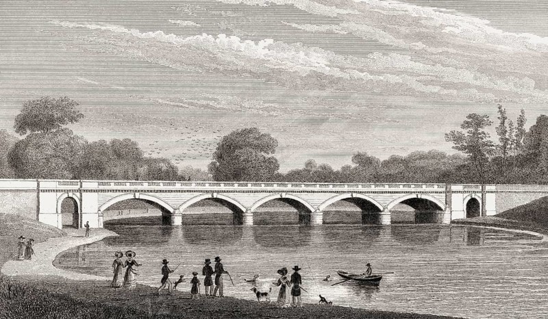 Serpentine Bridge, Hyde Park, London, UK, illustration by Th. H. Shepherd, 1826
